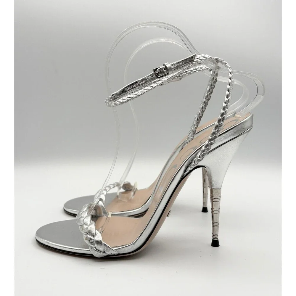 Gucci Silver Braided Strap Nappa Leather Stiletto Heels Sandals SZ EU 39 - Picture 5 of 15